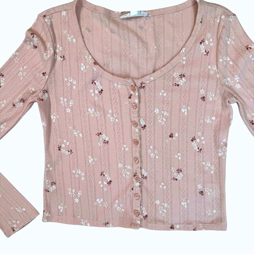 Womens Floral Y2K Cardigan Top Sz Med Pink Button Front Cropped - Picture 2 of 14